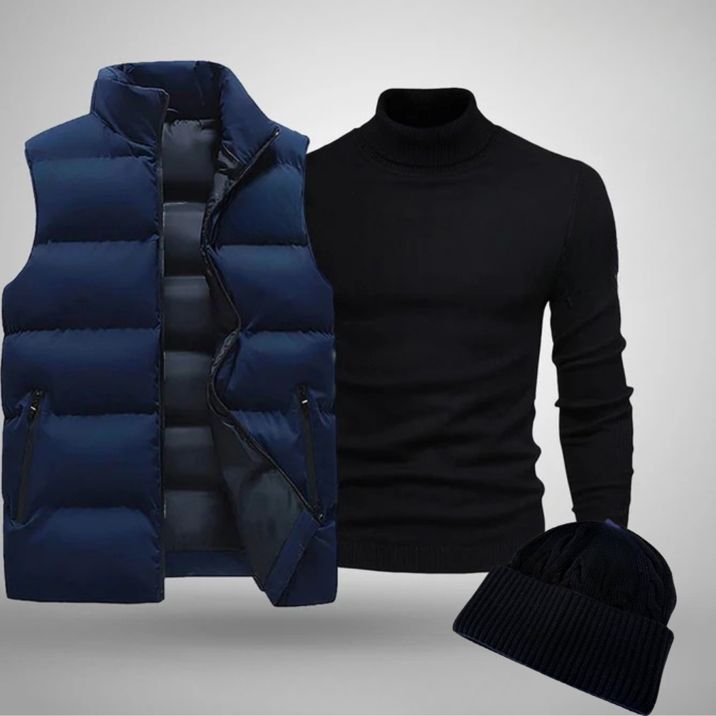 Pack masculino RL estilo Invierno / Primavera — gorro negro, chaleco y jersey