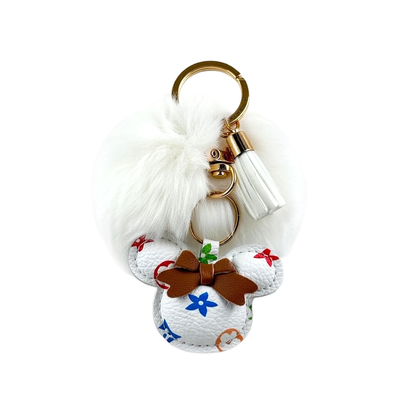White Fluffy Pom Pom Keychain with Multicolor LV
