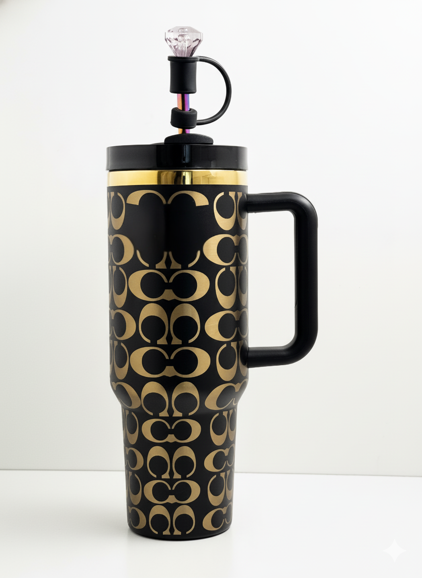 40oz Holographic Monogram Quencher Tumbler + Gem Straw Topper – Black & Gold