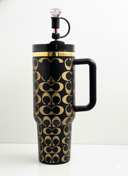 40oz Holographic Monogram Quencher Tumbler + Gem Straw Topper – Black & Gold