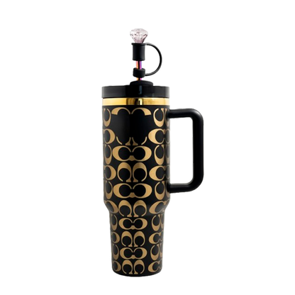 40oz Holographic Monogram Quencher Tumbler + Gem Straw Topper – Black & Gold
