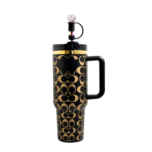 40oz Holographic Monogram Quencher Tumbler + Gem Straw Topper – Black & Gold